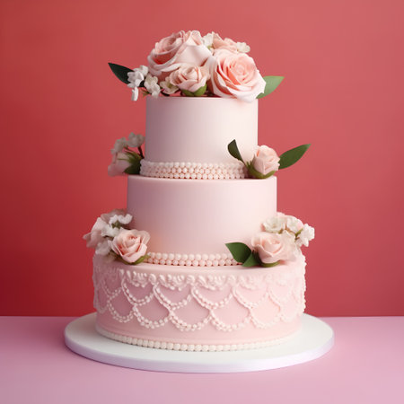 Beautiful wedding cake with flowers on pink background, close-upの素材