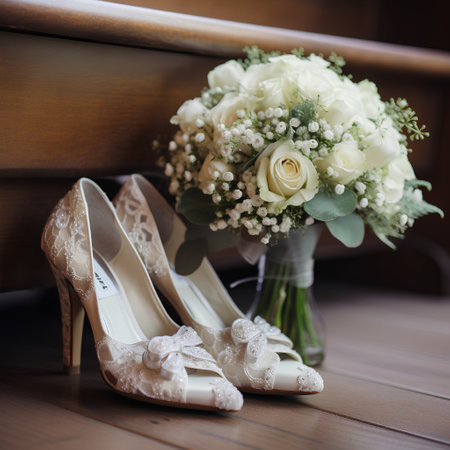 Wedding bouquet of white roses and wedding shoes on a wooden backgroundの素材
