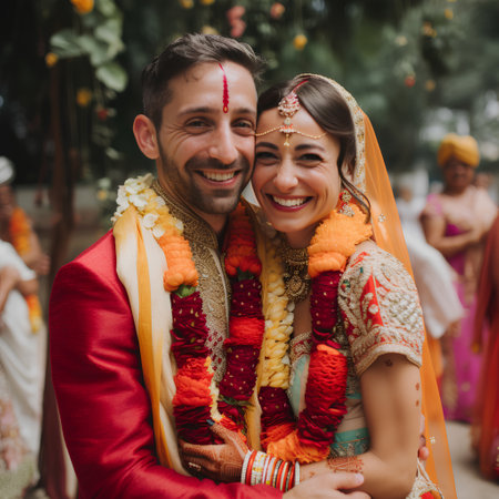 couple in traditional indian clothes smiling and looking at the cameraの素材