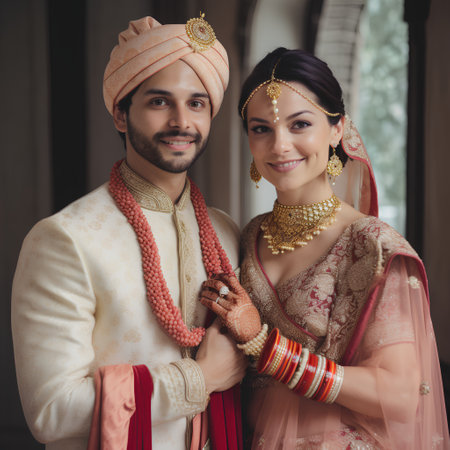 Portrait of a beautiful indian couple in traditional clothes looking at cameraの素材