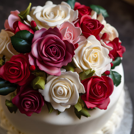 Wedding cake with red and white roses on a dark backgroundの素材