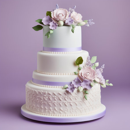 Wedding cake with flowers on a purple background. 3d renderingの素材