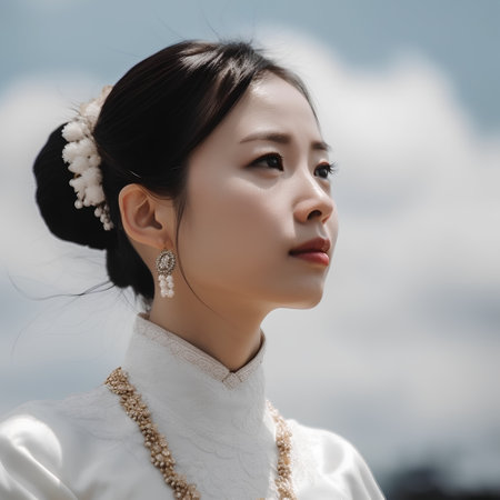 Beautiful asian woman in traditional costume at the beach, Thailand.の素材