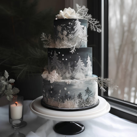 Wedding cake with snowflakes and candles on the windowsillの素材