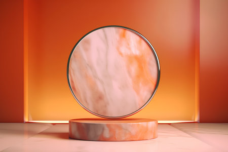 Empty round mirror on orange background. 3D rendering. Mock up.の素材