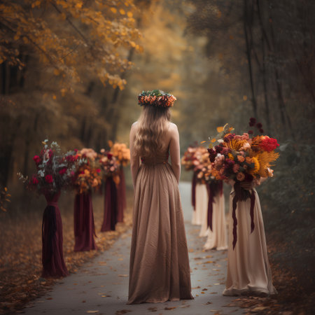 Wedding ceremony in the autumn forest. Bride with a bouquet of flowersの素材