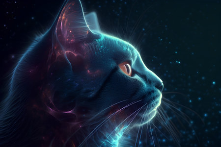 Digital Illustration of a Blue Cat in Space with a Fire Effectの素材