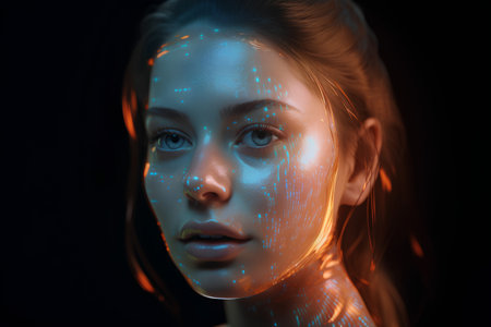 Portrait of a beautiful girl with blue and pink light on her face.の素材