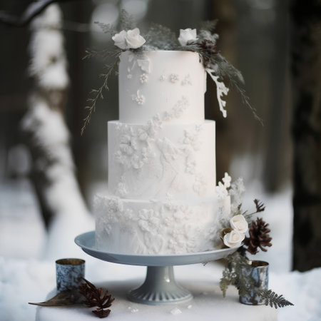 Wedding cake on a stand in the winter forest, close-upの素材