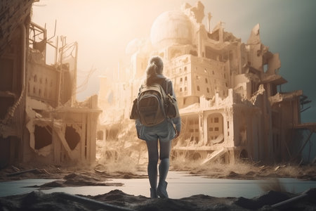 Young woman standing in ruins of an old school building with a backpackの素材