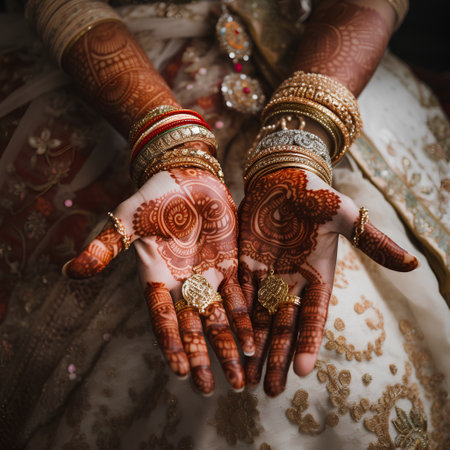 Hands of indian bride with henna on her hands.の素材