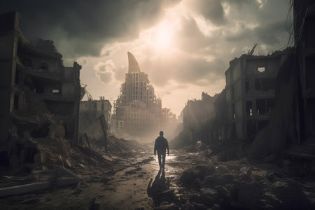 Conceptual image of a man standing in front of a ruined buildingの素材