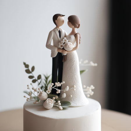 Wedding cake with bride and groom figurine on white backgroundの素材