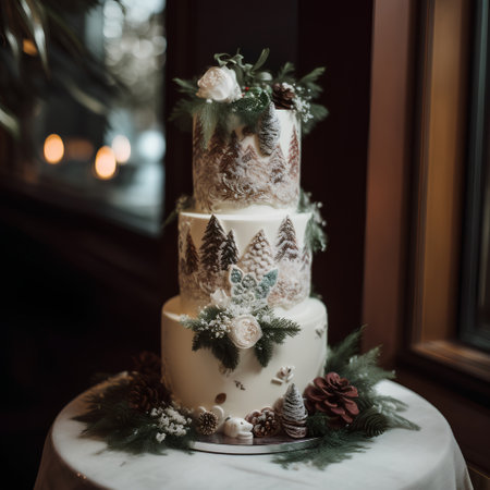 Beautiful wedding cake decorated with pine branches, cones and snowflakesの素材