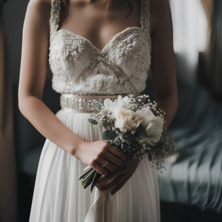 wedding bouquet in the hands of the bride in a white dressの素材