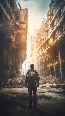 Handsome man with backpack standing in front of destroyed building.の素材