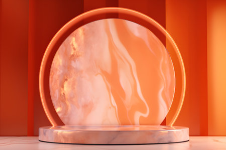 Abstract scene with round podium and orange background, 3d render illustrationの素材