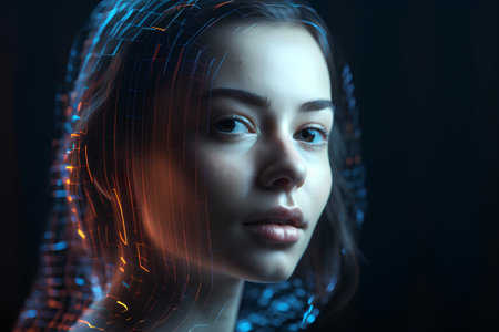 Futuristic woman with glowing face on dark background. 3d renderingの素材
