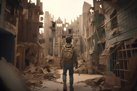 Boy with a backpack standing in the middle of a destroyed city.の素材