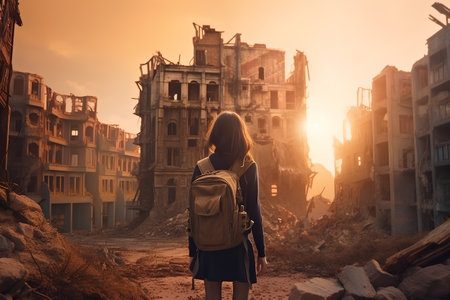 Young woman lost in the ruins of an old building with a backpackの素材