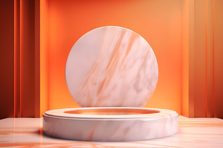 3d render of podium for product presentation with round mirror on orange backgroundの素材