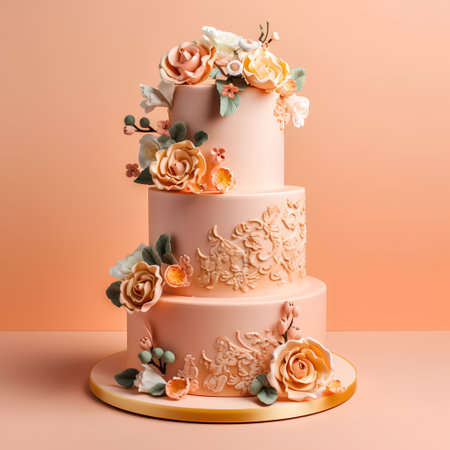 Wedding cake decorated with flowers. 3d rendering, 3d illustration.の素材
