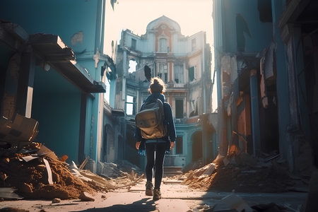 A young woman with a backpack walks through the ruins of an old building.の素材