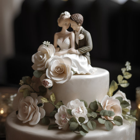 Wedding cake decorated with flowers and figures of newlywedsの素材