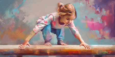 Little girl gymnast in a jump on a wooden platform. Digital paintingの素材
