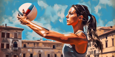Digital painting of a female volleyball player holding a ball in Rome, Italyの素材