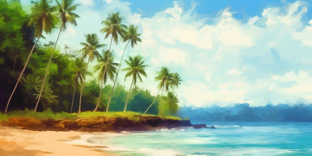 Tropical beach with palm trees and sea. Vector illustration.の素材