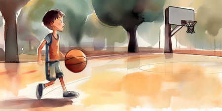 Basketball player with ball in basketball court. Watercolor illustration.の素材