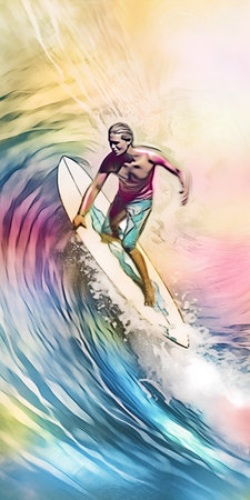 Surfer on the surfboard in the ocean. Original painting.の素材