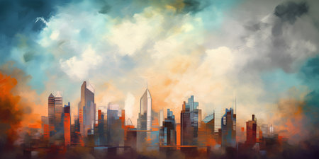 Abstract urban landscape with skyscrapers and clouds. Digital painting.の素材