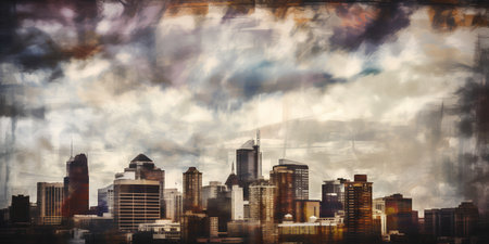 grunge image of a cityscape with dramatic sky and cloudsの素材