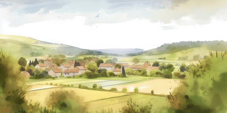 Watercolor rural landscape with village, hills and meadows. Digital painting.の素材