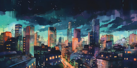 Night city. Futuristic cityscape with skyscrapers and buildingsの素材