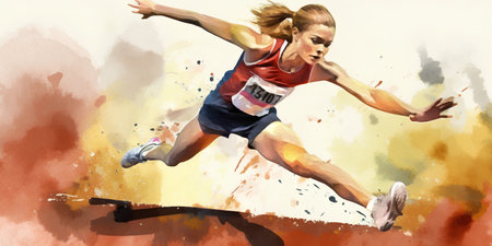 Athlete running at the finish line. Watercolor illustration.の素材