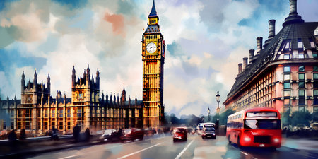 Digital painting of Big Ben and Houses of Parliament, London, UKの素材