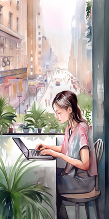 Illustration of a young woman working on a laptop in a cafeの素材