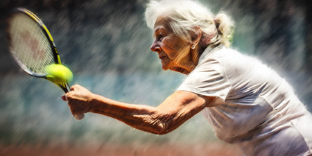 Elderly woman playing tennis in the rain. Toned.の素材