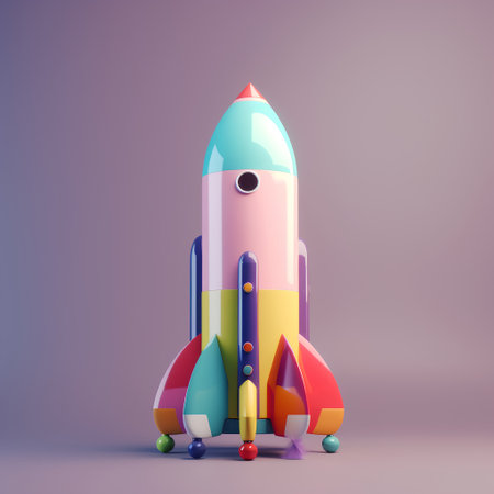 Colorful rocket toy isolated on purple background. 3d render illustrationの素材