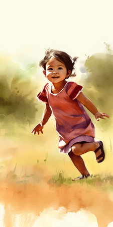Little girl running in the park. Watercolor painting on canvas.の素材