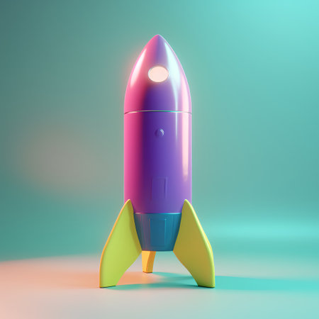 Rocket on green background. 3d rendering. Minimal style.の素材