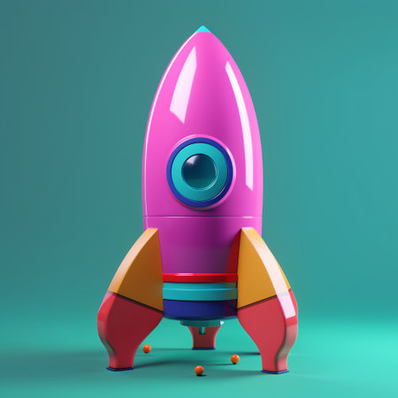 Rocket toy isolated on green background. 3d illustration, 3d renderの素材