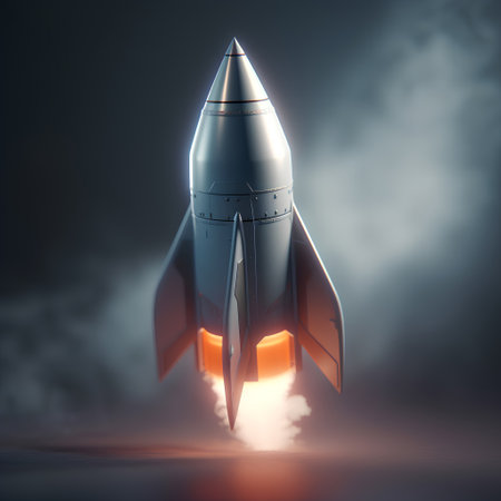 3D rendering of a space rocket on a dark background with smokeの素材