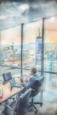 Businessman sitting at his desk in an office with a city viewの素材