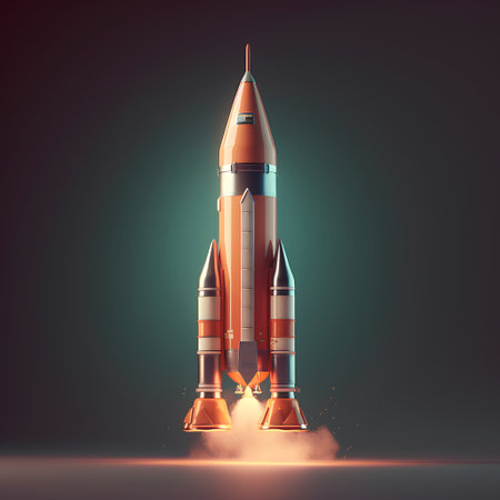 Space rocket flying on dark background. 3D rendering. Retro styleの素材