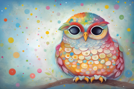 Cute owl sitting on a tree branch. Watercolor painting.の素材