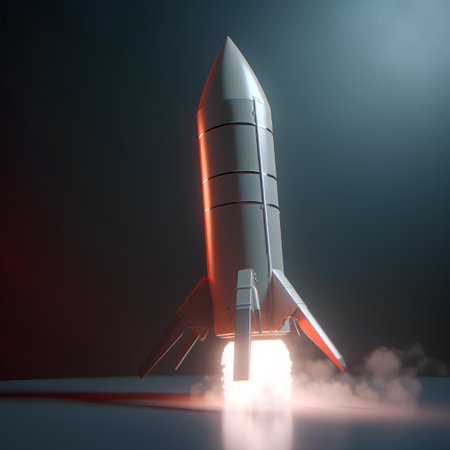 Rocket on a dark background. 3d rendering. Mock up.の素材